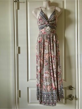 ANGIE Beautiful Gray, Pink & Peach Floral Printed Twist-Front Maxi Dress, M, EUC